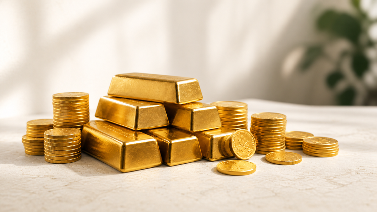 Stacked gold bars and coins on a dark surface