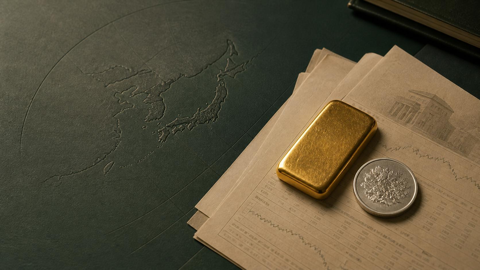 Gold bar and silver round on ivory market papers beside an embossed map of Japan and East Asia
