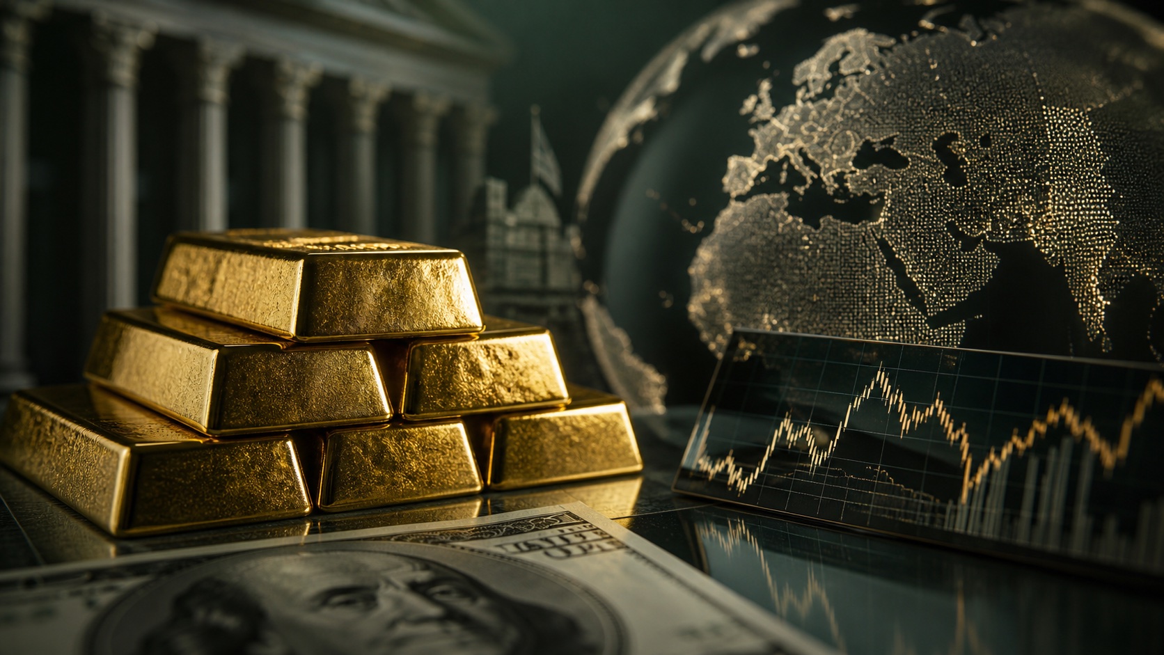 Gold bars beside currency, market charts and a globe representing the forces that move gold