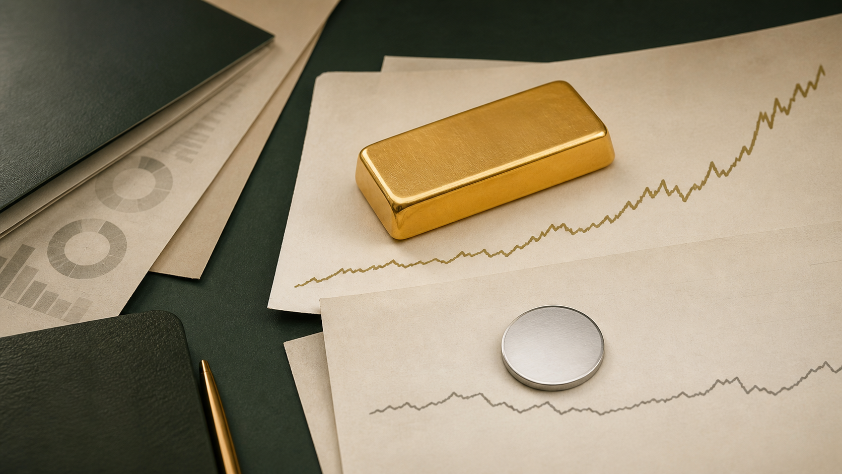 Plain gold bar and silver round on ivory market papers with contrasting long-term chart lines