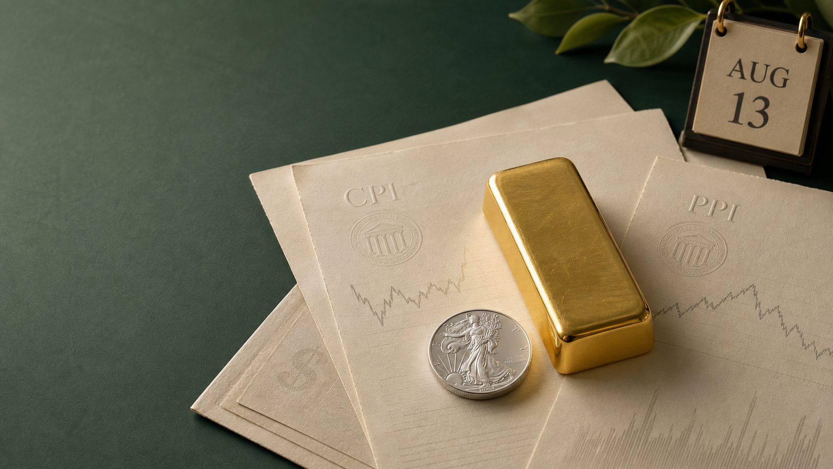 Gold bar and silver round on warm-ivory CPI and PPI papers beside an August 13 calendar over a forest-green desk