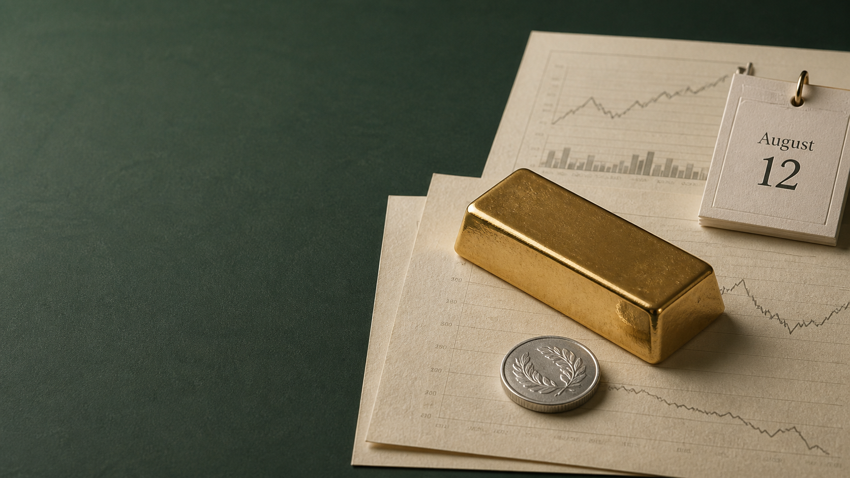 Gold bar and silver round beside an August 12 calendar on ivory market papers over a forest-green desk