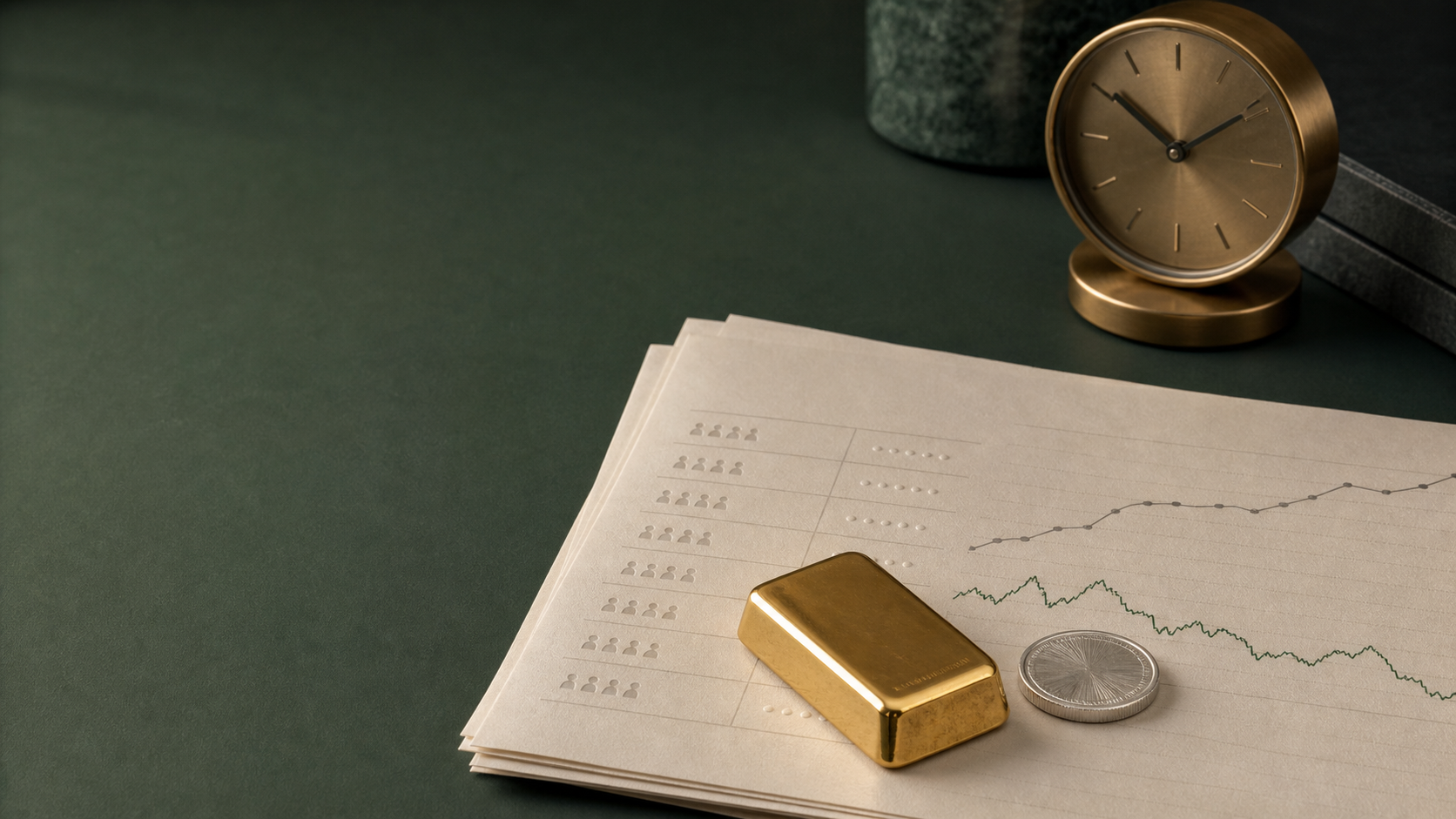 Gold bar and silver round on an ivory labor-market report beside a brass clock
