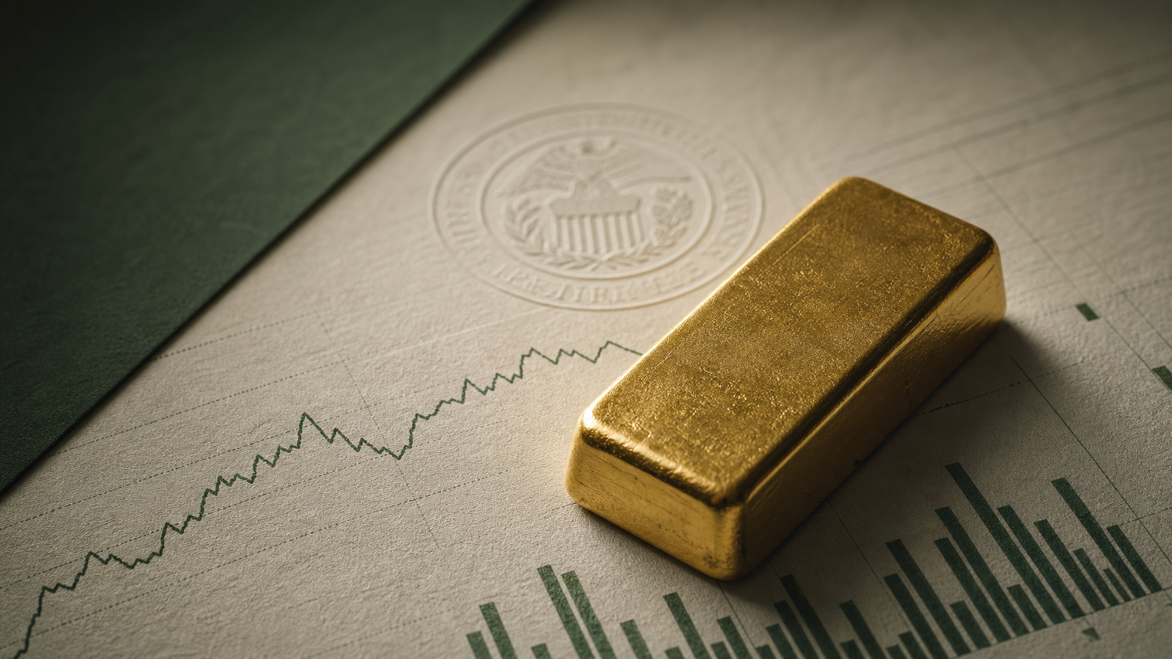 Gold bar on warm financial paper with forest-green macroeconomic charts and an embossed central-bank motif