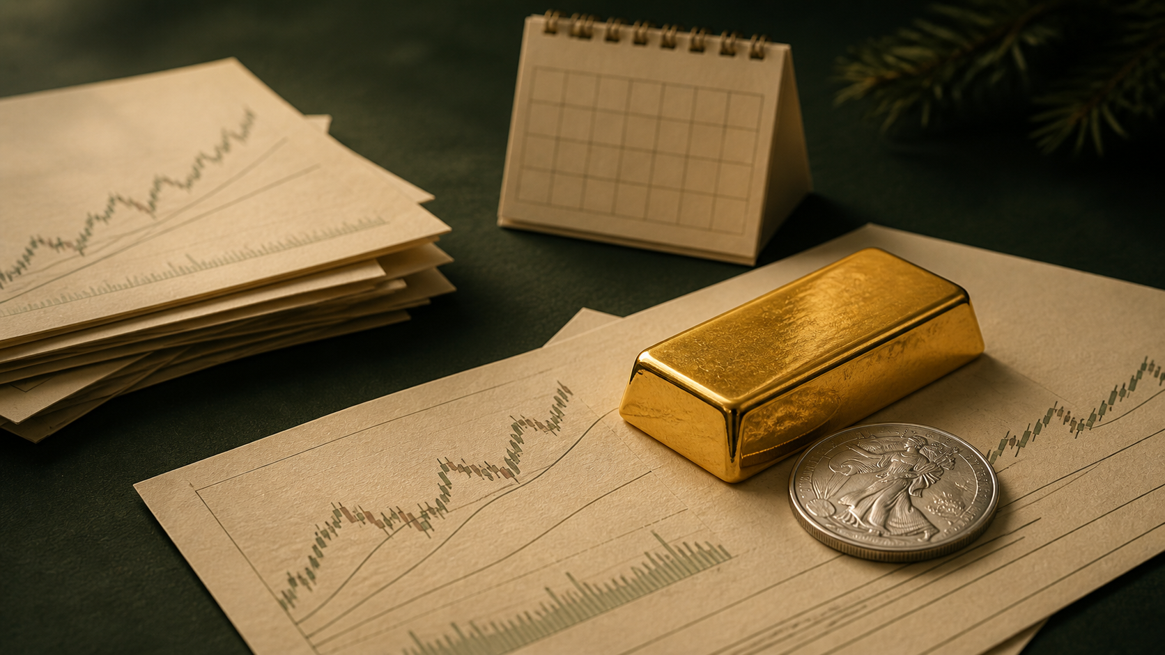 Gold bar and silver coin on cream technical charts beside a calendar marker over a forest-green desk