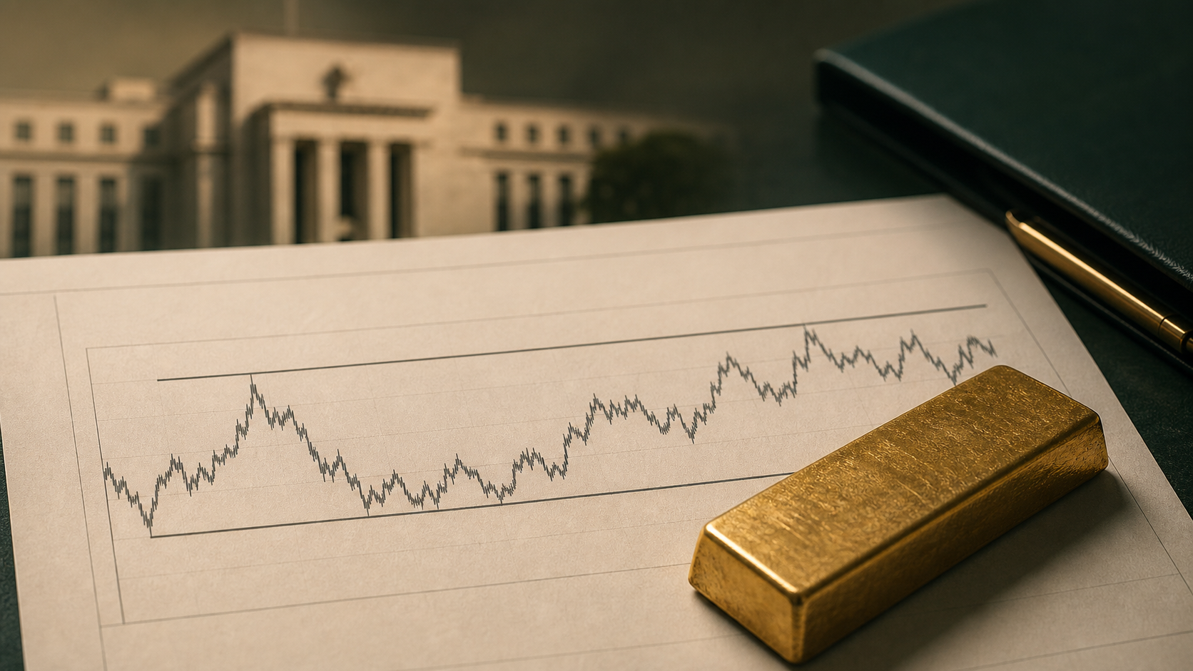 Gold bar on a technical price chart with the Federal Reserve building softly out of focus