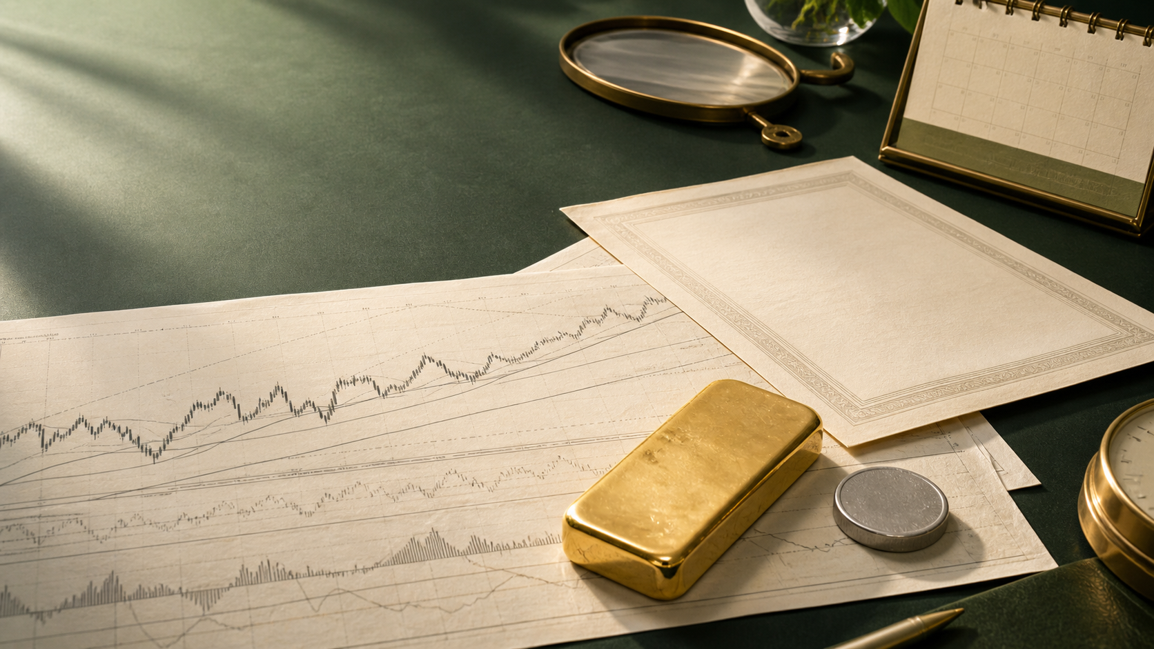 Gold bar and silver round on technical-analysis papers over a forest-green desk