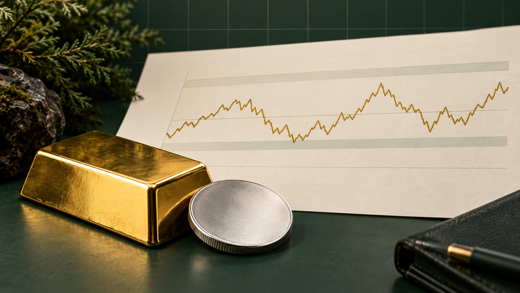 Plain gold bar and silver round beside an abstract chart between three reference bands on ivory paper