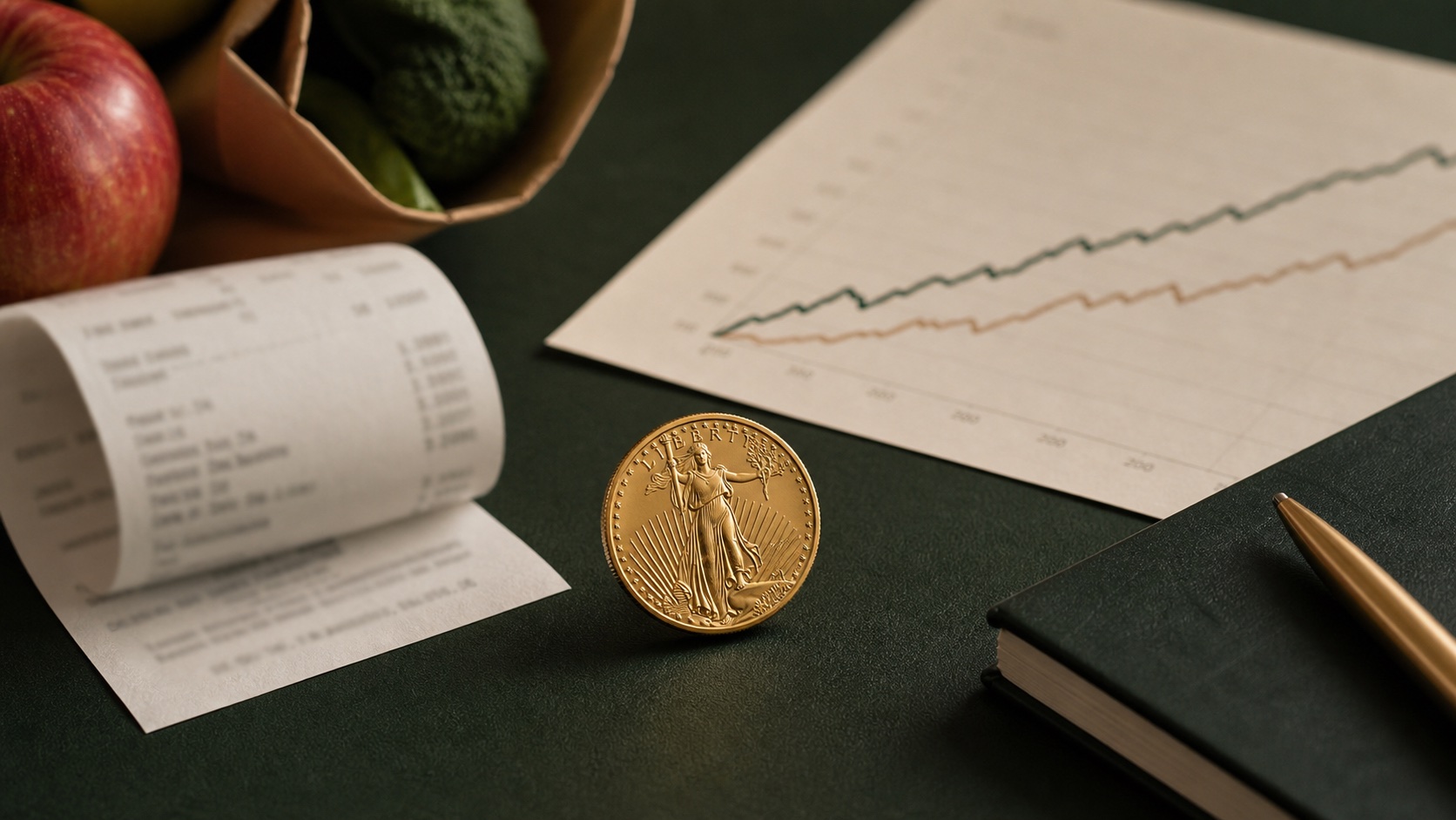 Gold coin beside a shopping receipt and an inflation chart