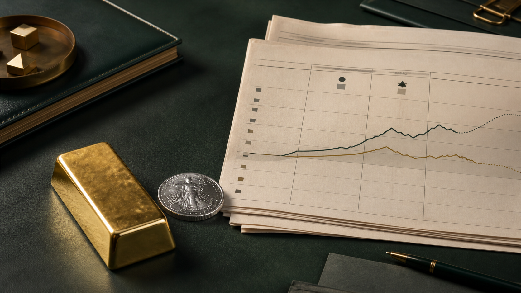 Gold bar and silver round beside an ivory inflation calendar on a deep forest-green desk