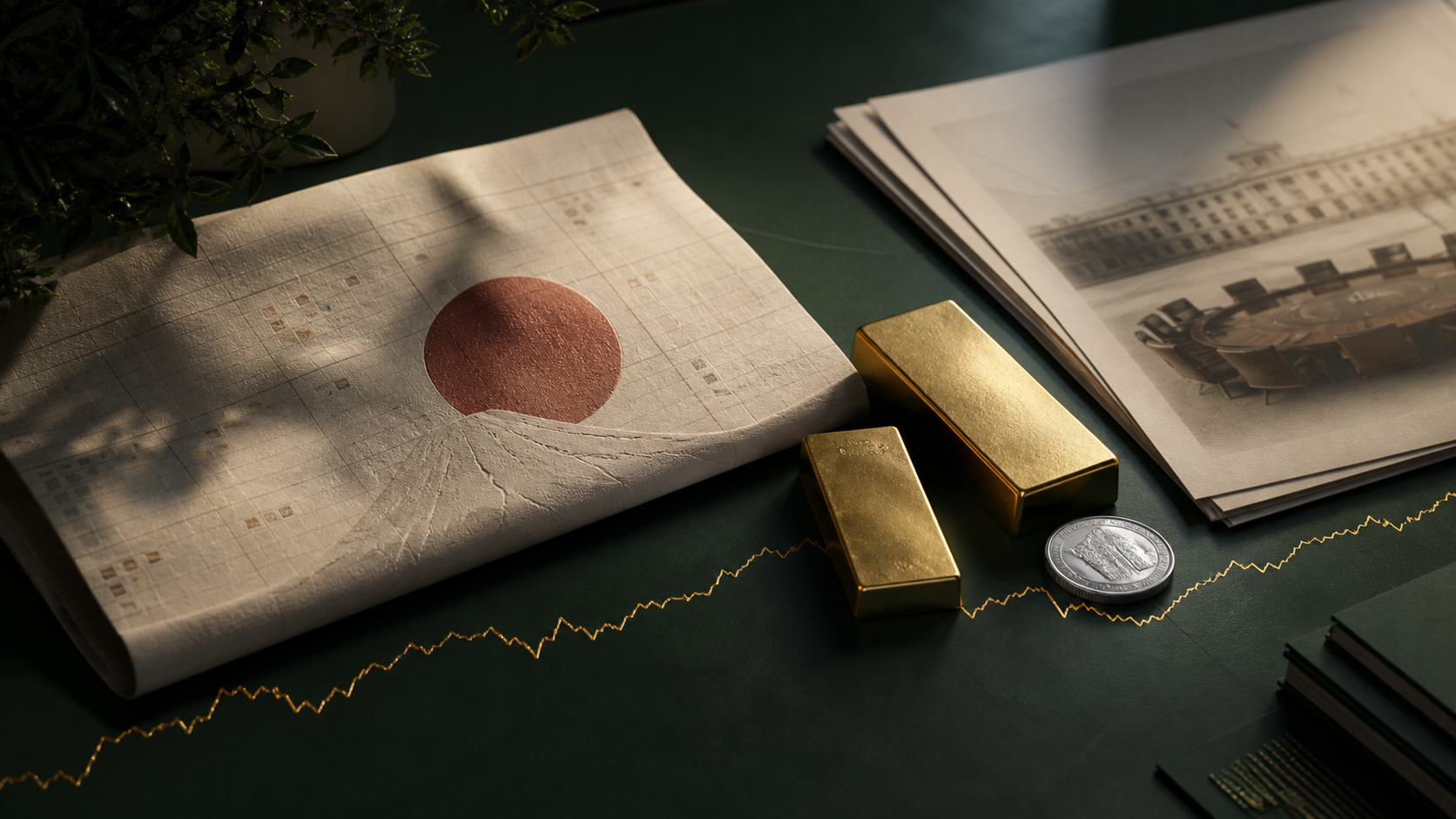 Gold bars and a silver coin beside Japanese and central-bank documents on a forest-green desk