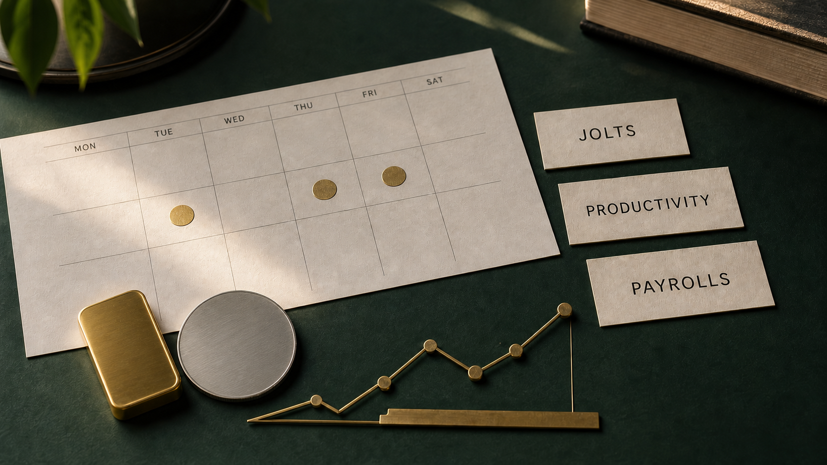 Gold bar and silver round beside a weekly calendar labeled JOLTS, productivity, and payrolls