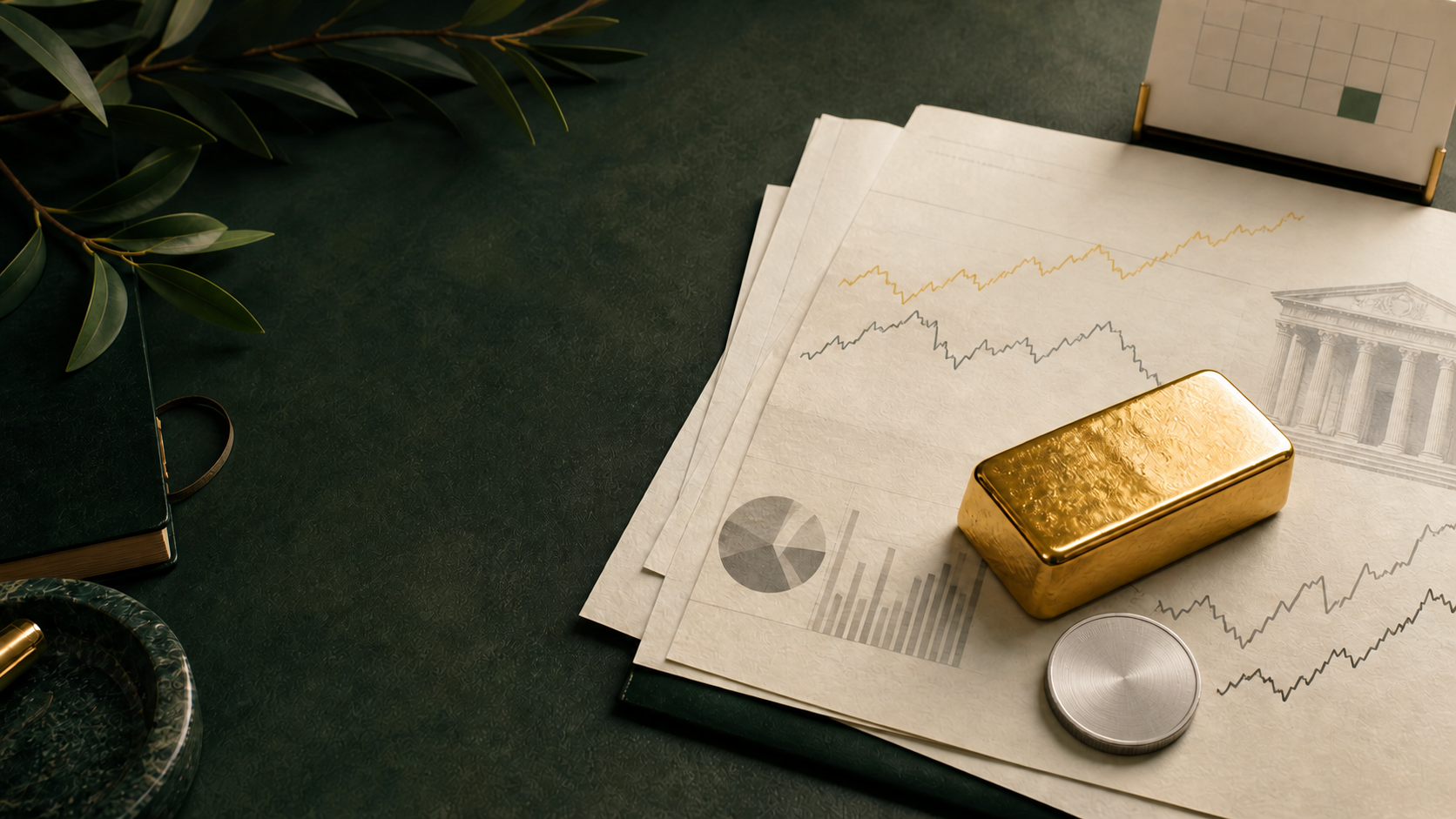 Gold bar and plain silver round on ivory weekly market papers over a forest-green desk