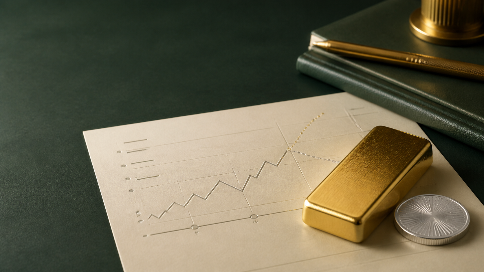 Gold bar and silver round on an ivory scenario chart over a deep forest-green desk