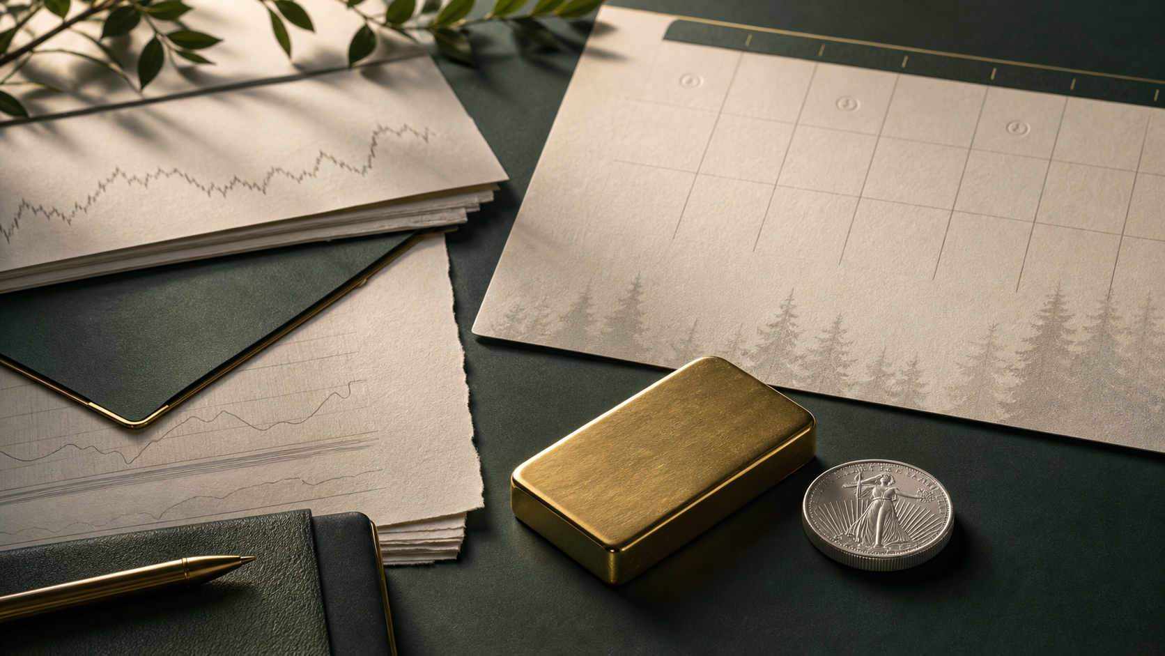 Gold bar and silver round on forest-green paper reports beside an embossed economic calendar