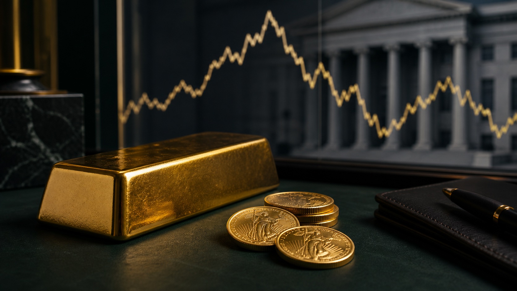 Gold bar and coins in front of a yield chart and central bank building