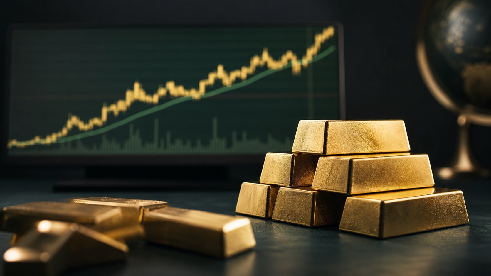 Gold bars on a dark green market desk with a rising chart in the background